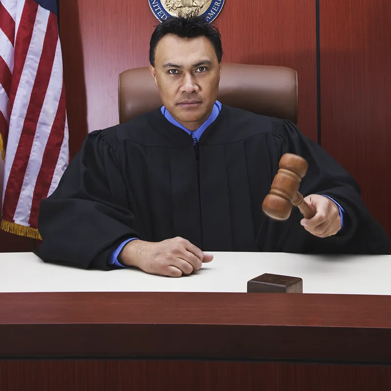 A judge with a serious look holds their gavel at the ready.